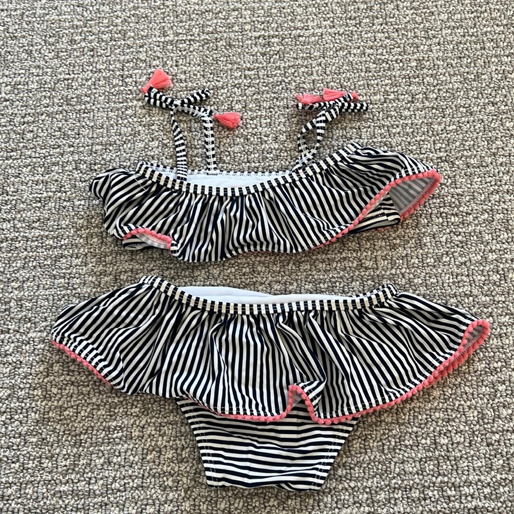 Jessica Simpson Girls 2-Piece Swimwear Navy White Stripes Pink Tassels 3T